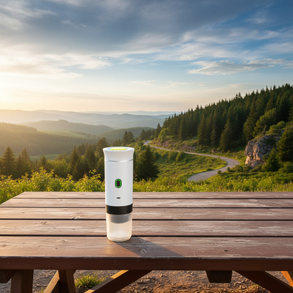 "Cafetera portátil  – café en minutos donde quieras"